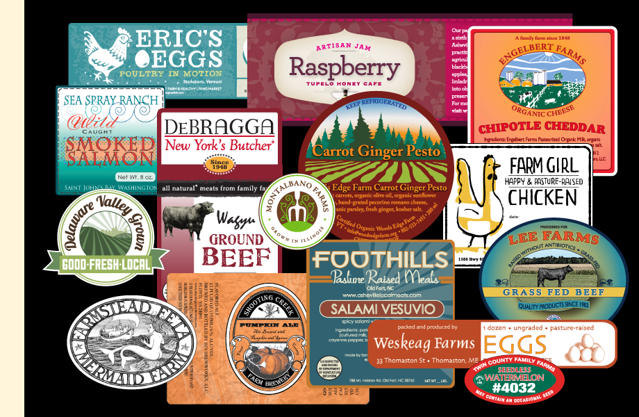Homepage Collage - Egg label, Jam label, Cheese label, Salmon label, Pesto label, Poultry label, Beef label, PLU label, Beverage label, Salami label, Farm label 